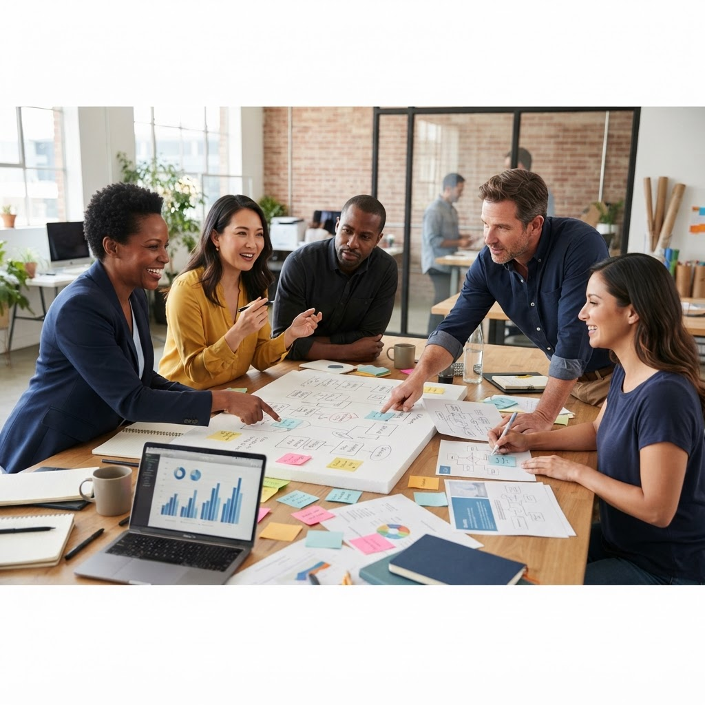 Business leaders mapping and validating a customer workflow